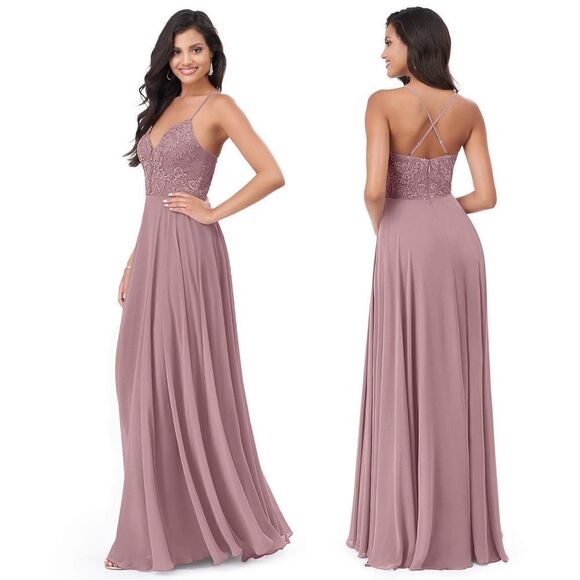 A-Line Lace Chiffon Bridesmaid Wedding Dress Dusty Rose - Picture 1 of 13